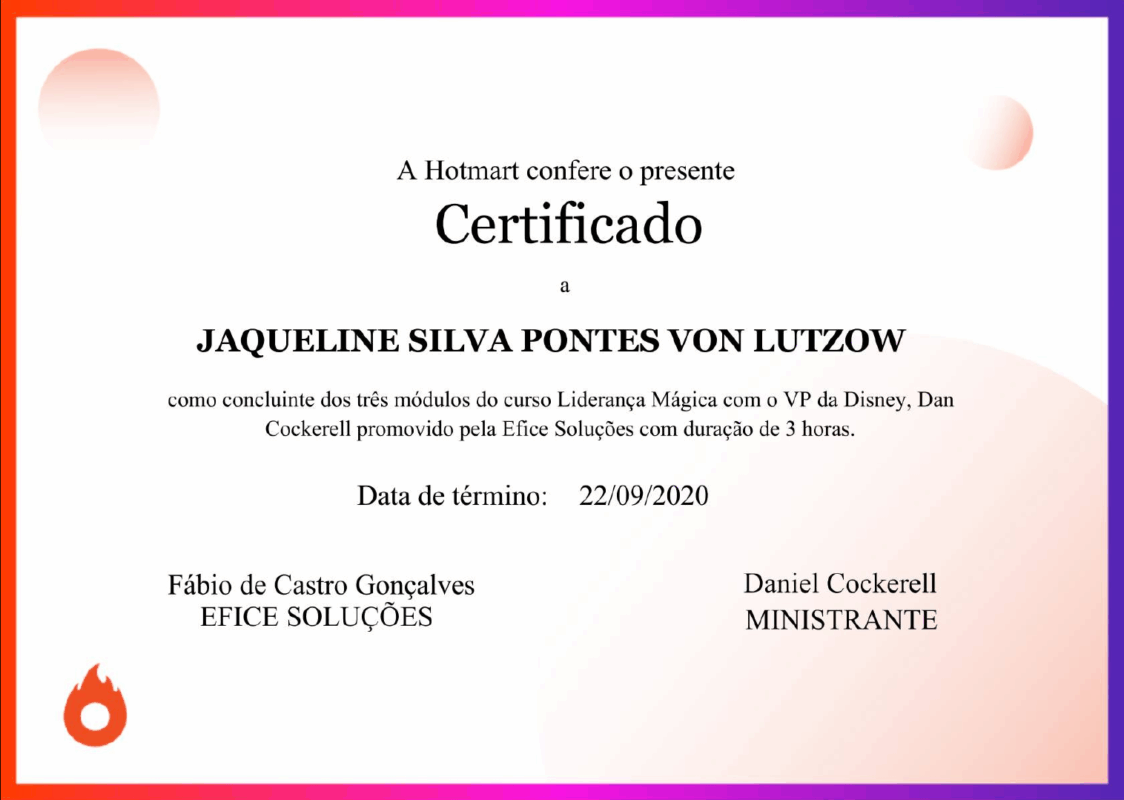 Certificado de curso de 3 horas em Liderança Mágica com o VP da Disney