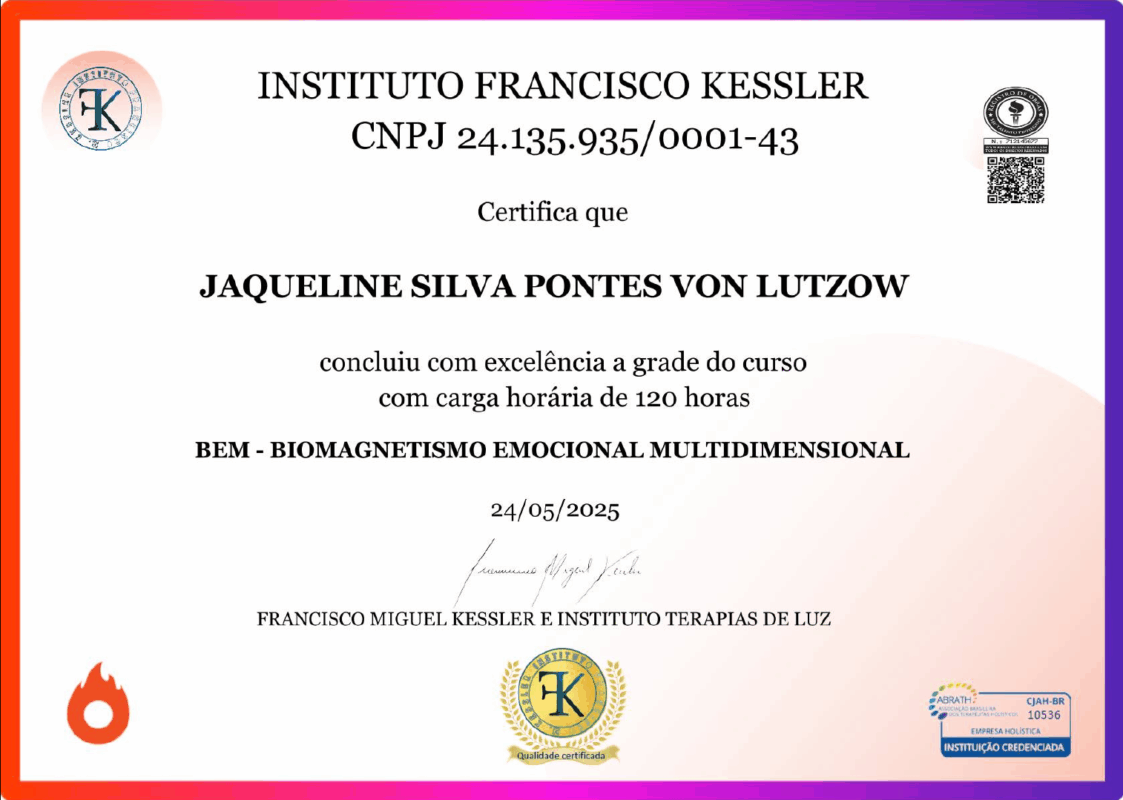 Certificado de curso de 120 horas em Biomagnetismo Emocional Multidimensional
