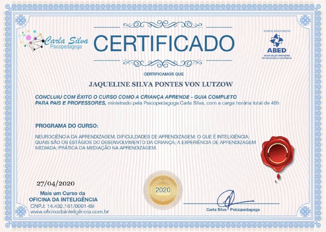 Certificado de curso de 40 horas em Como a Criança aprende, Guia completo para pais e professores