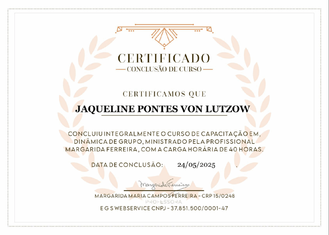Certificado em Curso de 40 horas de Capacitação em Dinâmica de Grupo