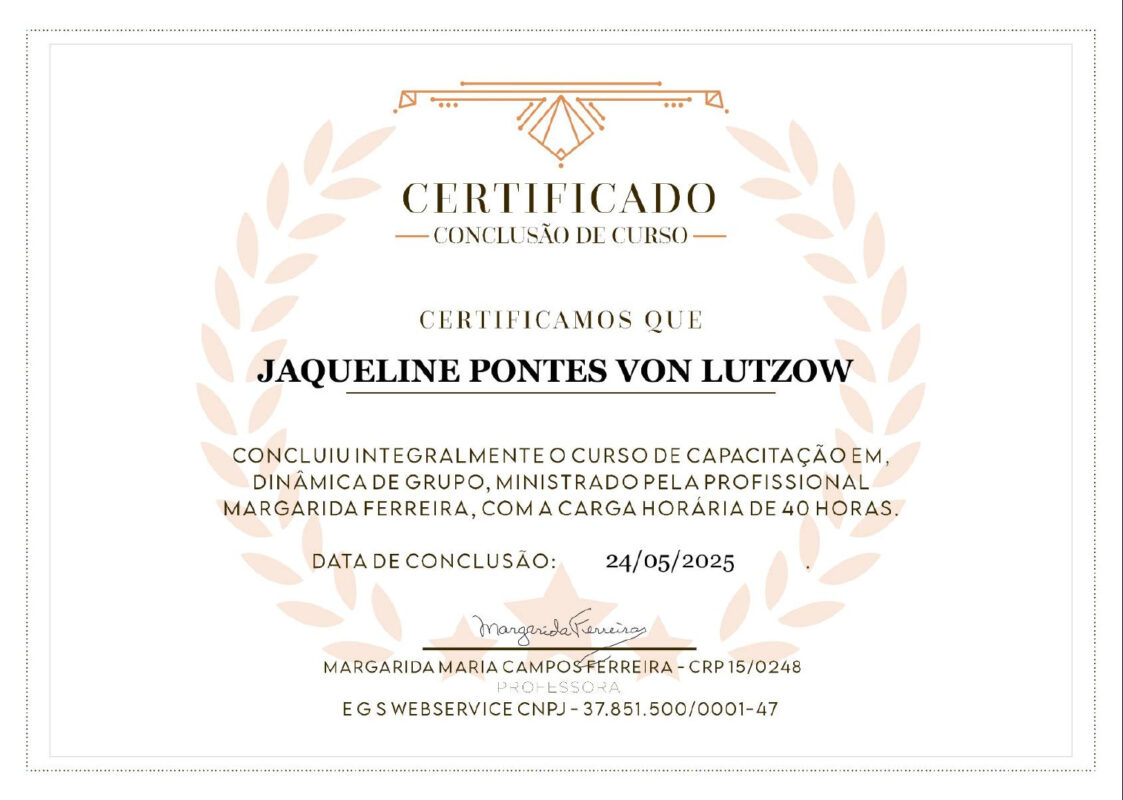 Certificado em Curso de 40 horas de Capacitação em Dinâmica de Grupo
