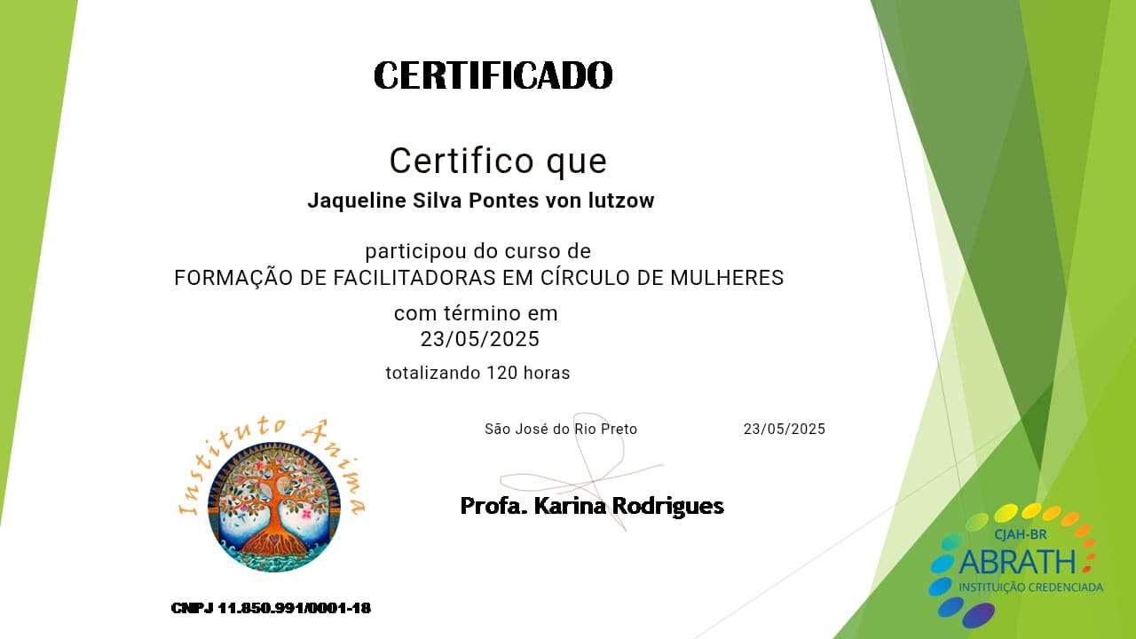 Certificado de curso de 120 horas em Formação de Facilitadora em Círculo de Mulheres