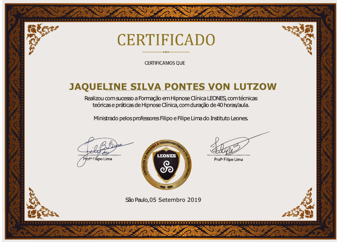 Certificado de curso de 40 horas de Hipnose Clínica LEONES