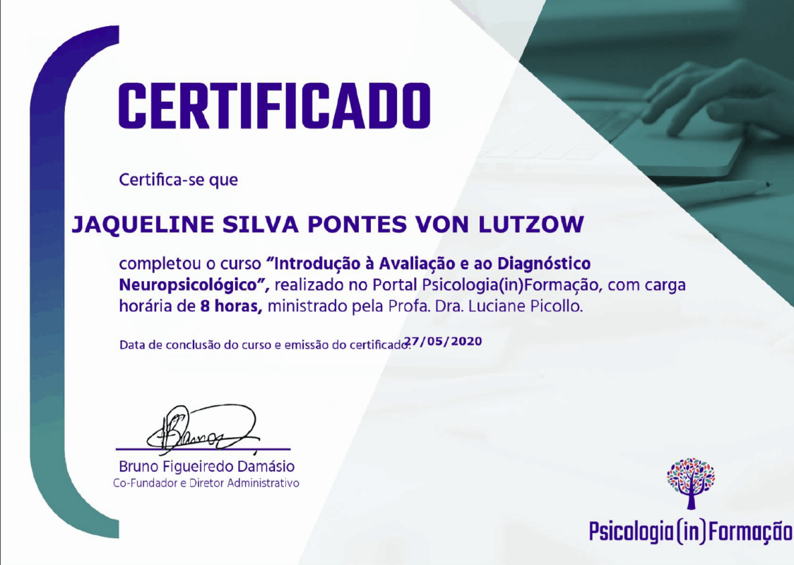Certificado de curso de 8 horas em Introdução à Avaliação e ao Diagnóstico Neuropsicológico