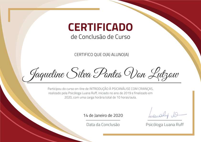 Certificado de curso de 10 horas de Introdução à Psicanálise com Crianças