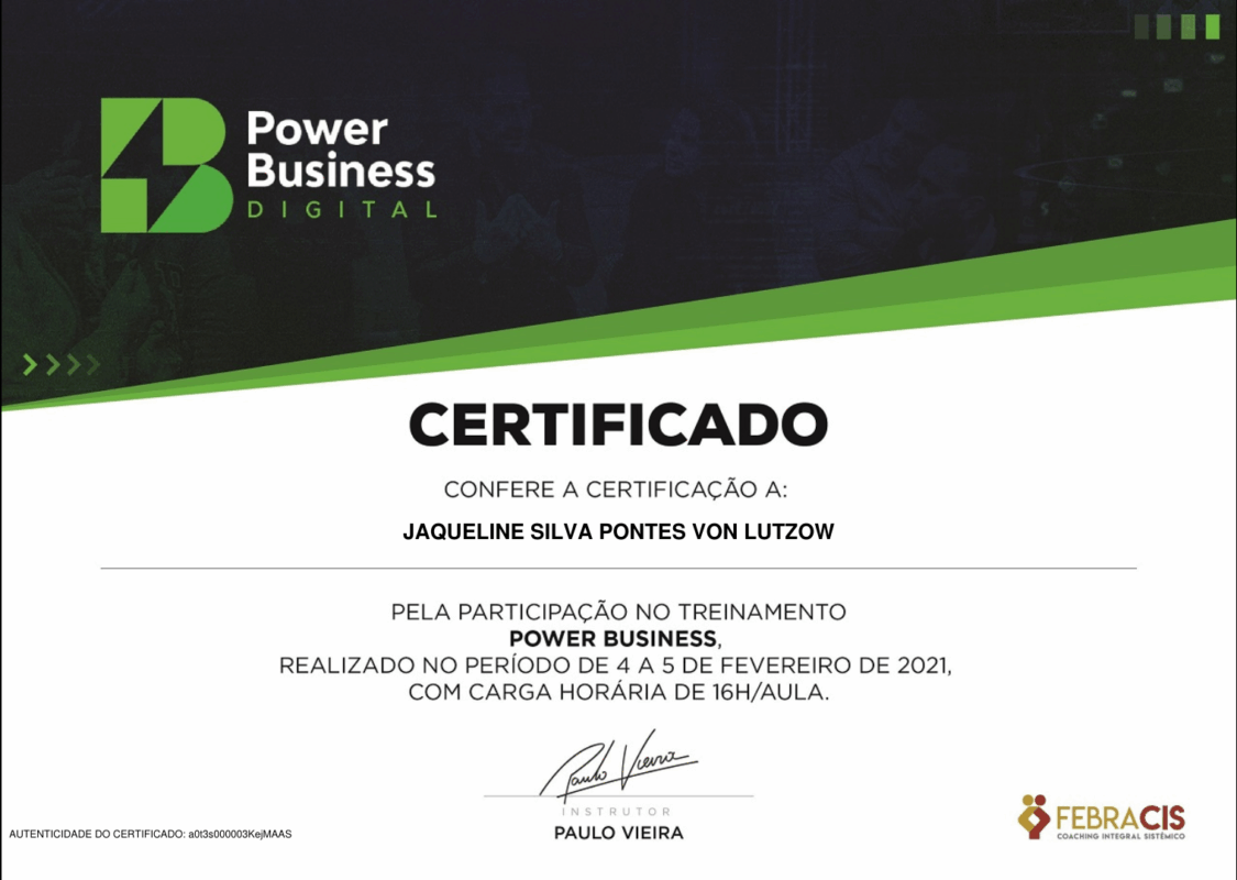 Certificado de curso de 16 horas de Power Business