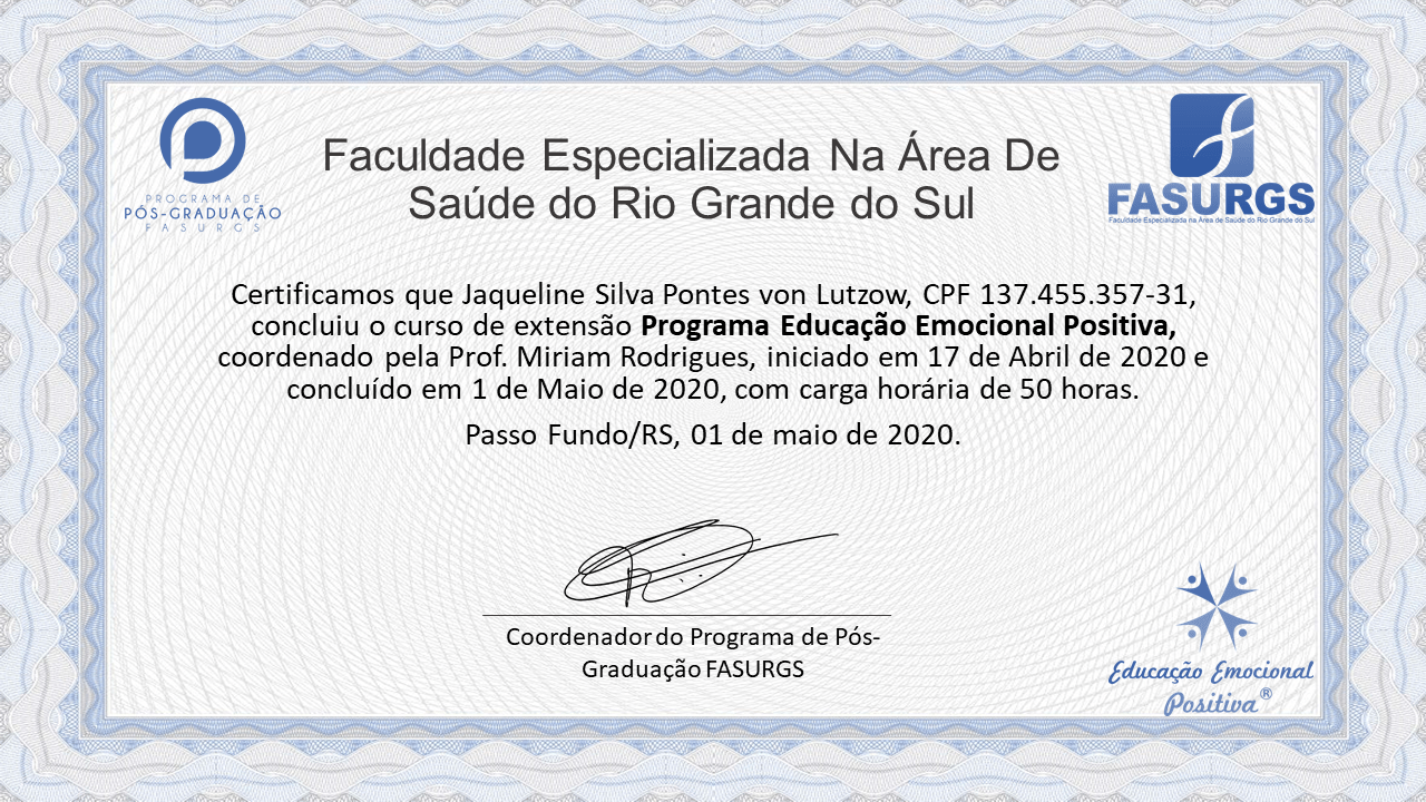Certificado de curso de 50 horas de Programa Educação Emocional Positiva