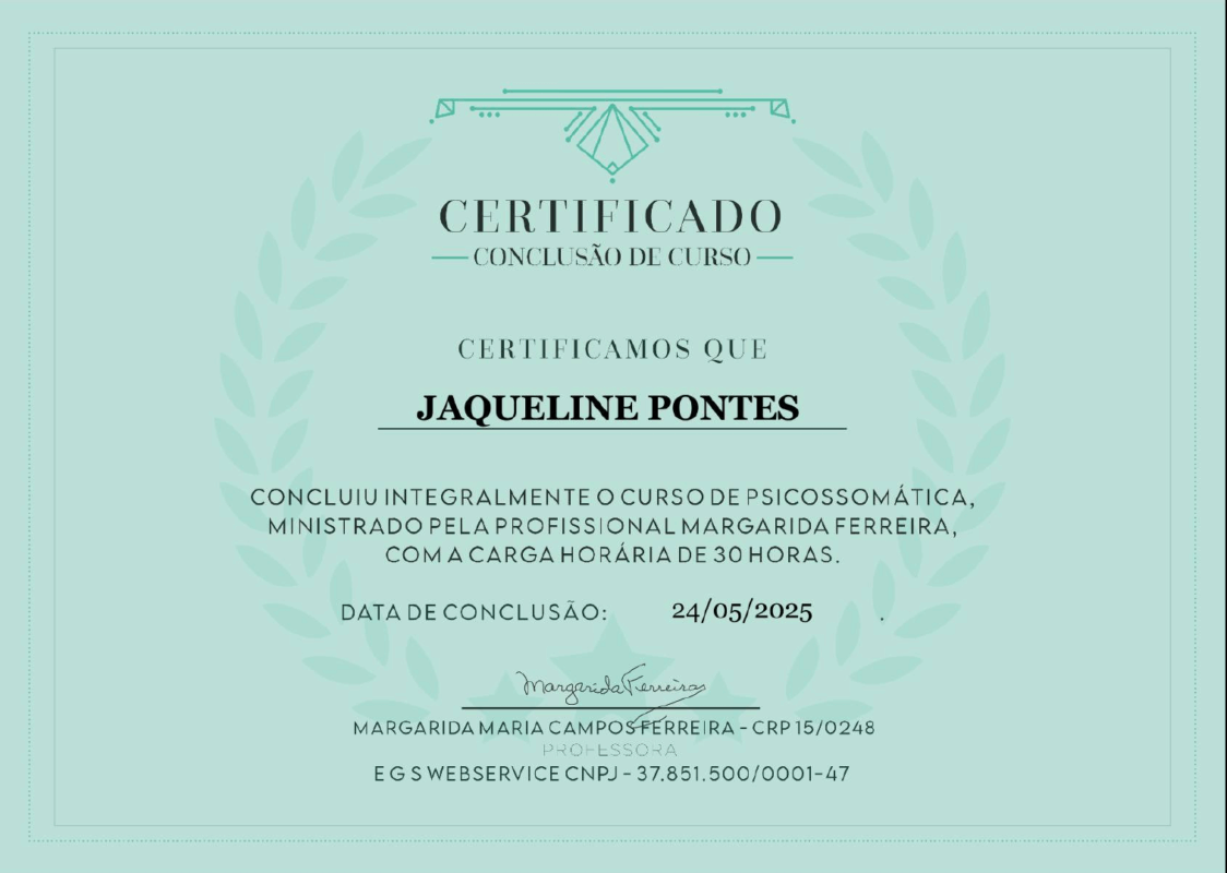 Certificado de curso de 30 horas em Psicossomática