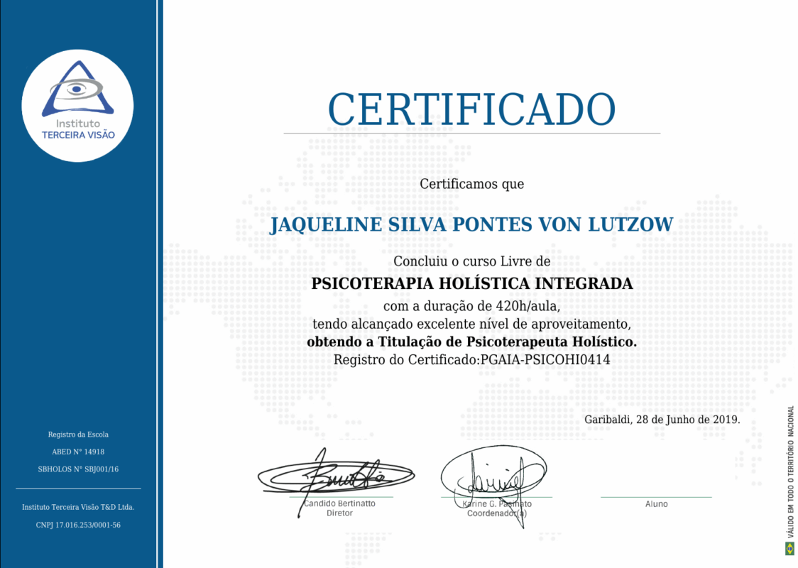 Certificado de curso de 420 horas de Psicoterapia Holística Integrada