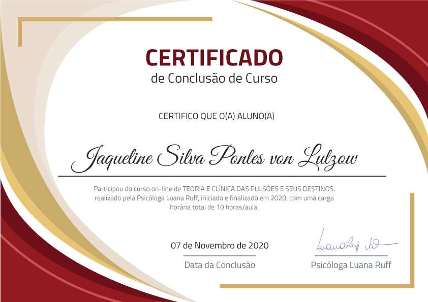 Certificado de curso de 10 horas de Teoria e Clínica das Pulsões e sues Destinos