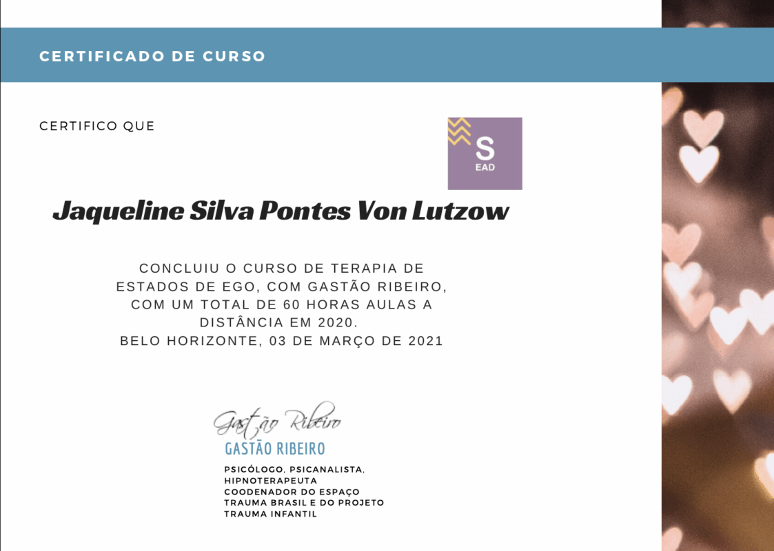 Certificado de curso de 60 horas de Terapia de Estados de Ego