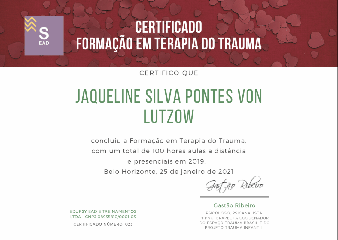 Certificado de curso de 100 horas de Terapia do Trauma