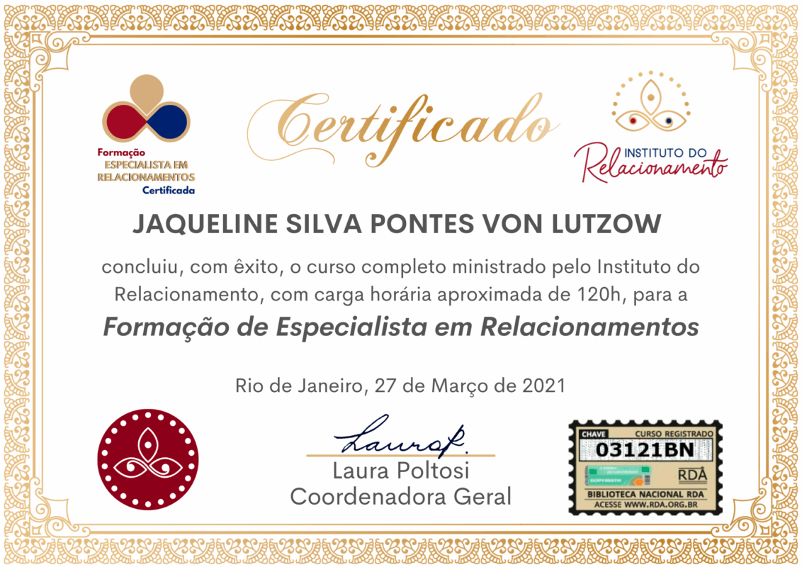 Certificado de curso de 120 horas de Formação de Especialista em Relacionamentos