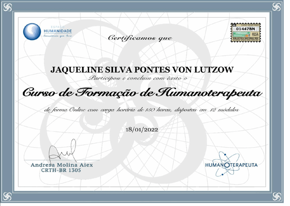 Certificado de curso de 150 horas de Formação de Humanoterapeuta