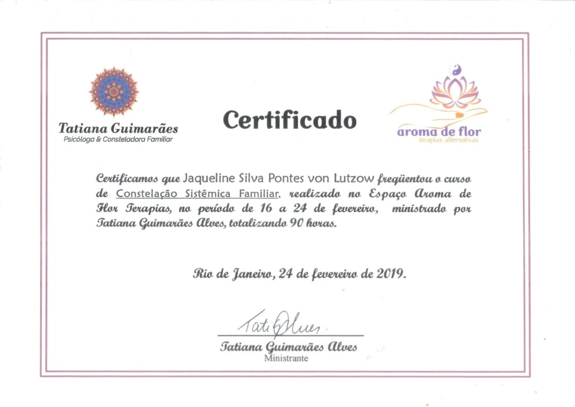 Certificado de curso de 90 horas de Constelação Sistêmica Familiar