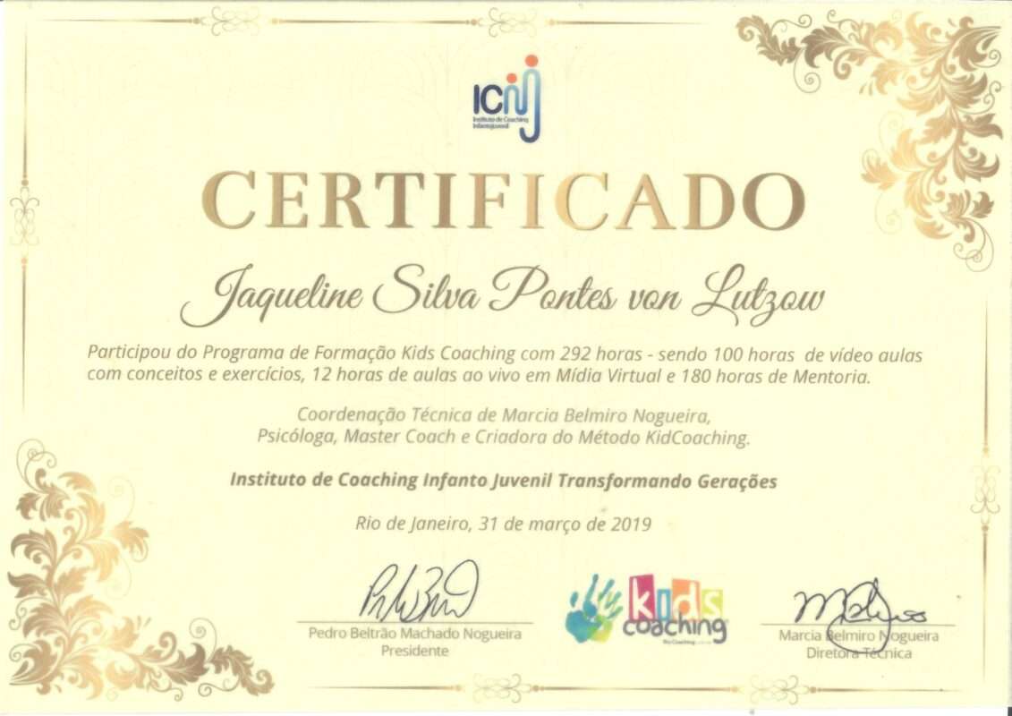 Certificado de curso de 292 horas de Formação Kids Coach
