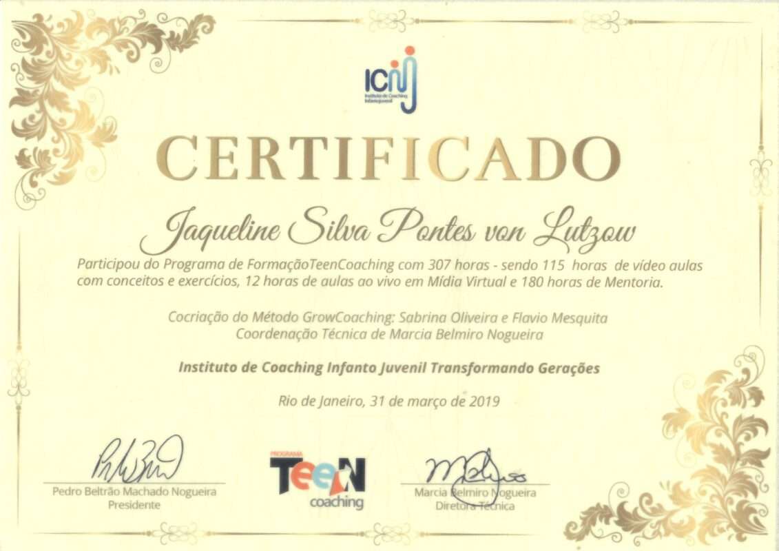 Certificado de curso de 307 horas de Formação Teen Coach