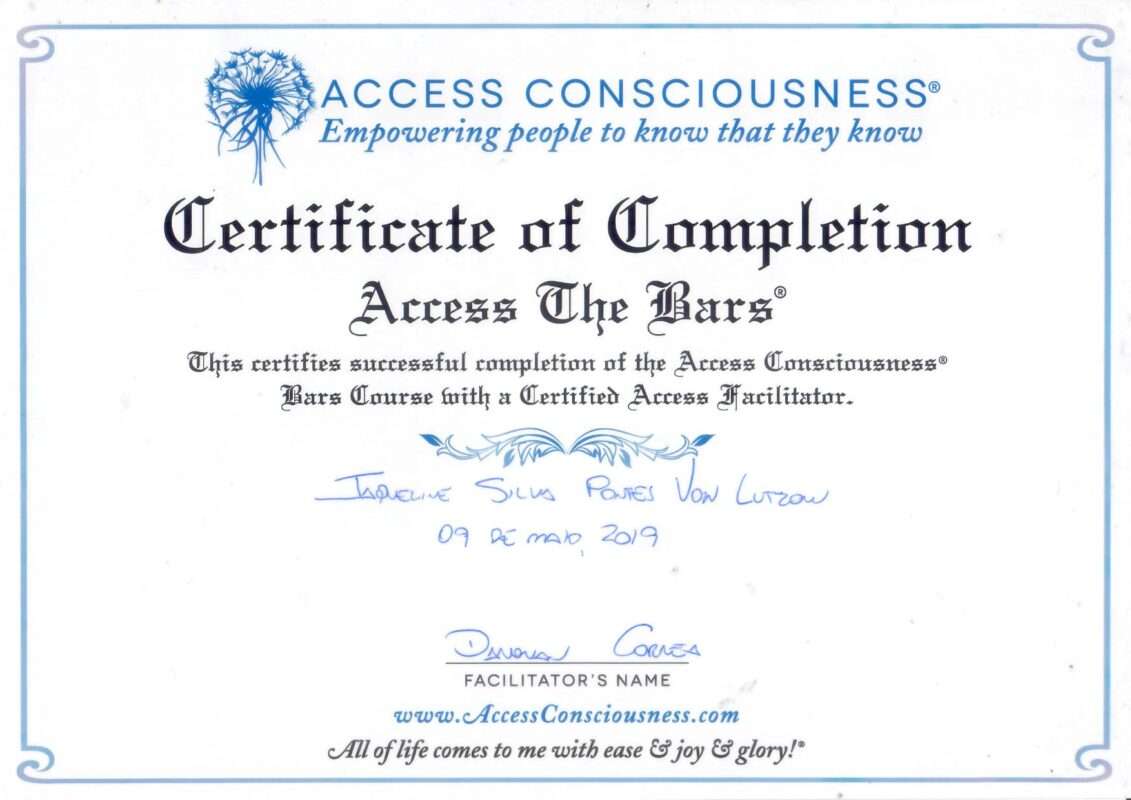 Certificado de curso de 8 horas em Access The Bars