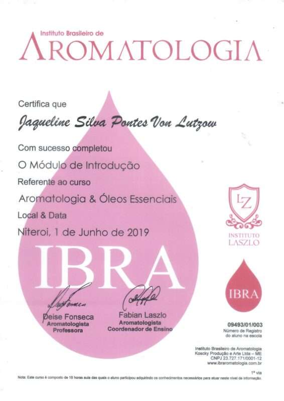 Certificado de curso de 18 horas em Aromatologia e Óleos Essenciais