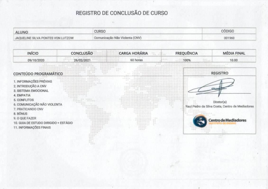 Certificado de curso de 60 horas de Comunicação não Violenta