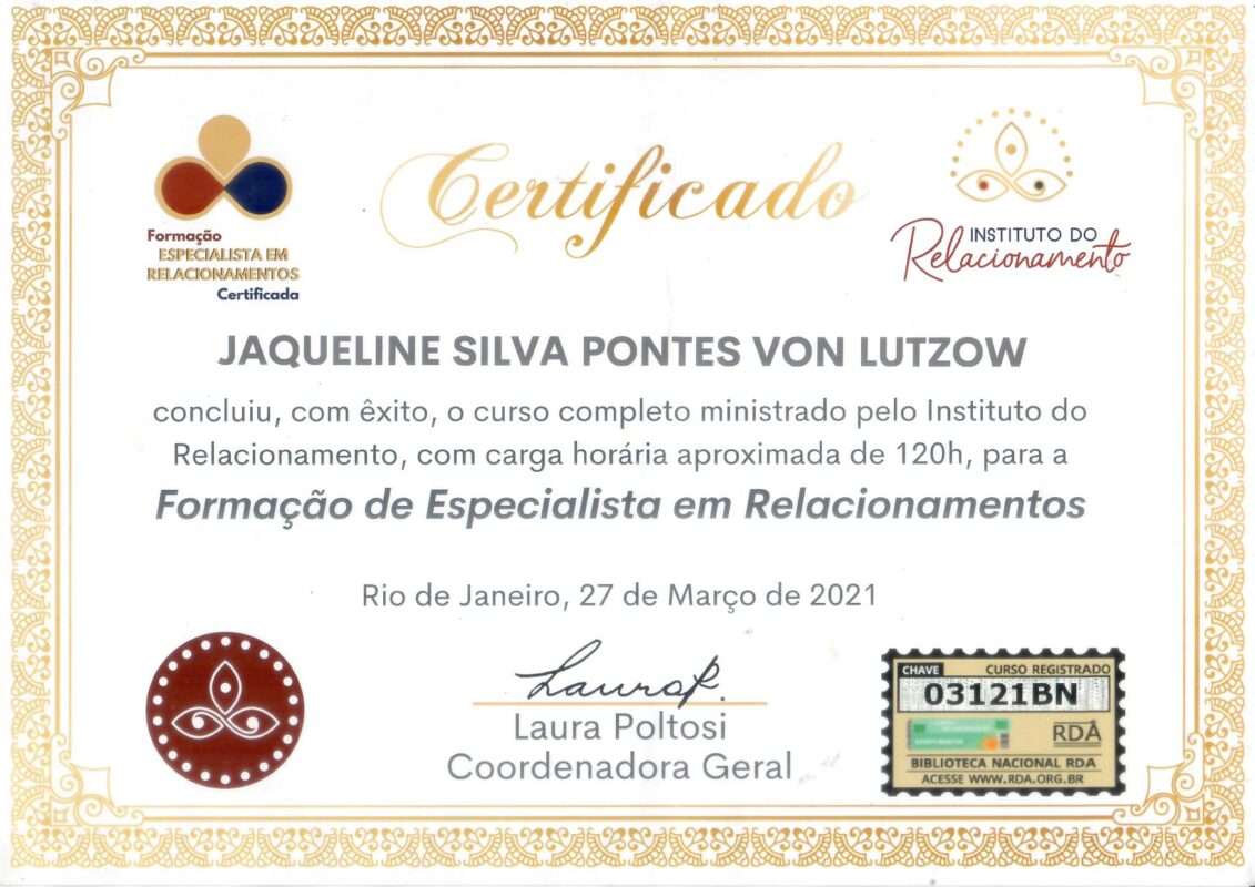 Certificado de curso de 120 horas de Formação de Especialista em Relacionamentos