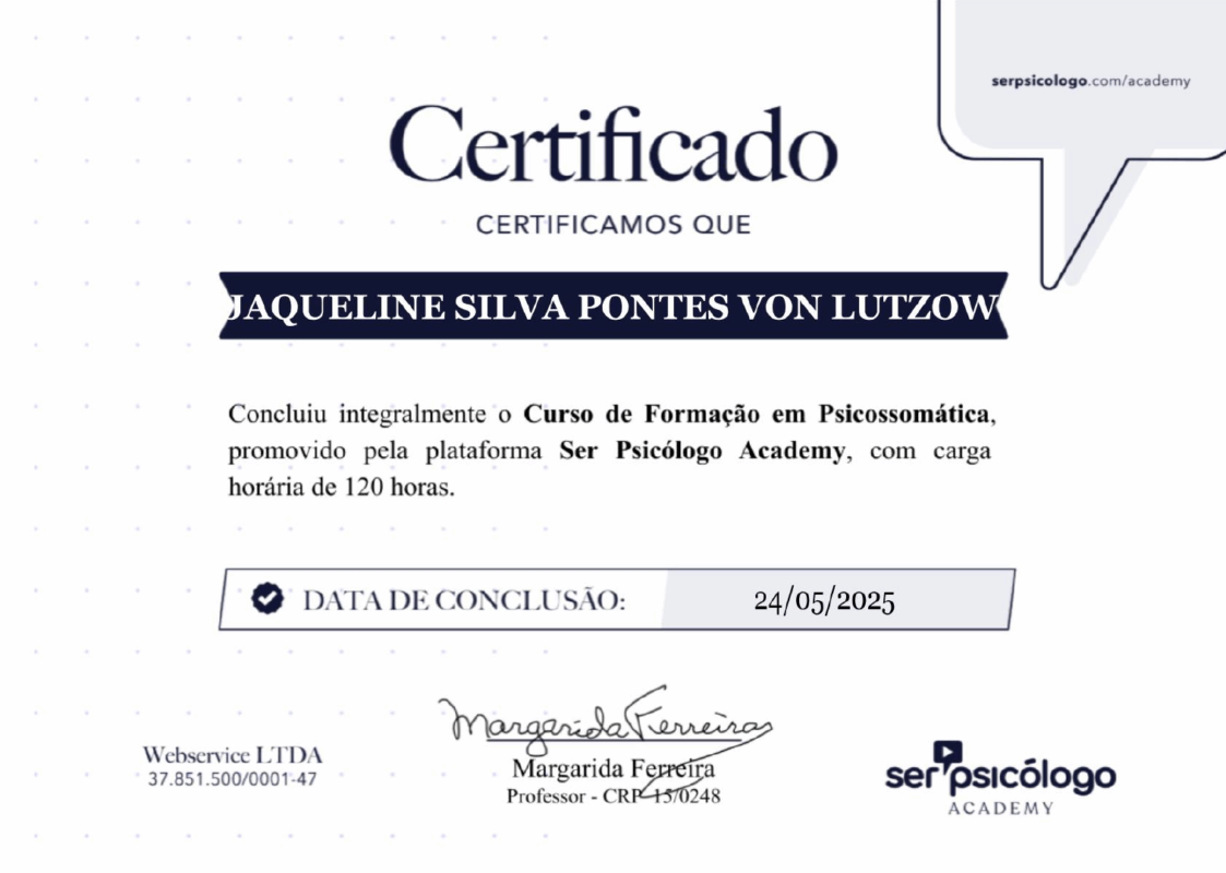 Certificado de curso de 120 h de Formação em Psicossomática