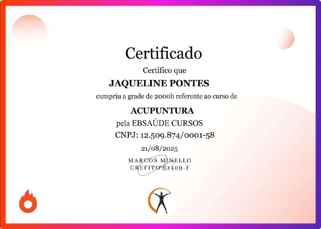 Certificado de curso de 2000h de Acupuntura EBSAÚDE