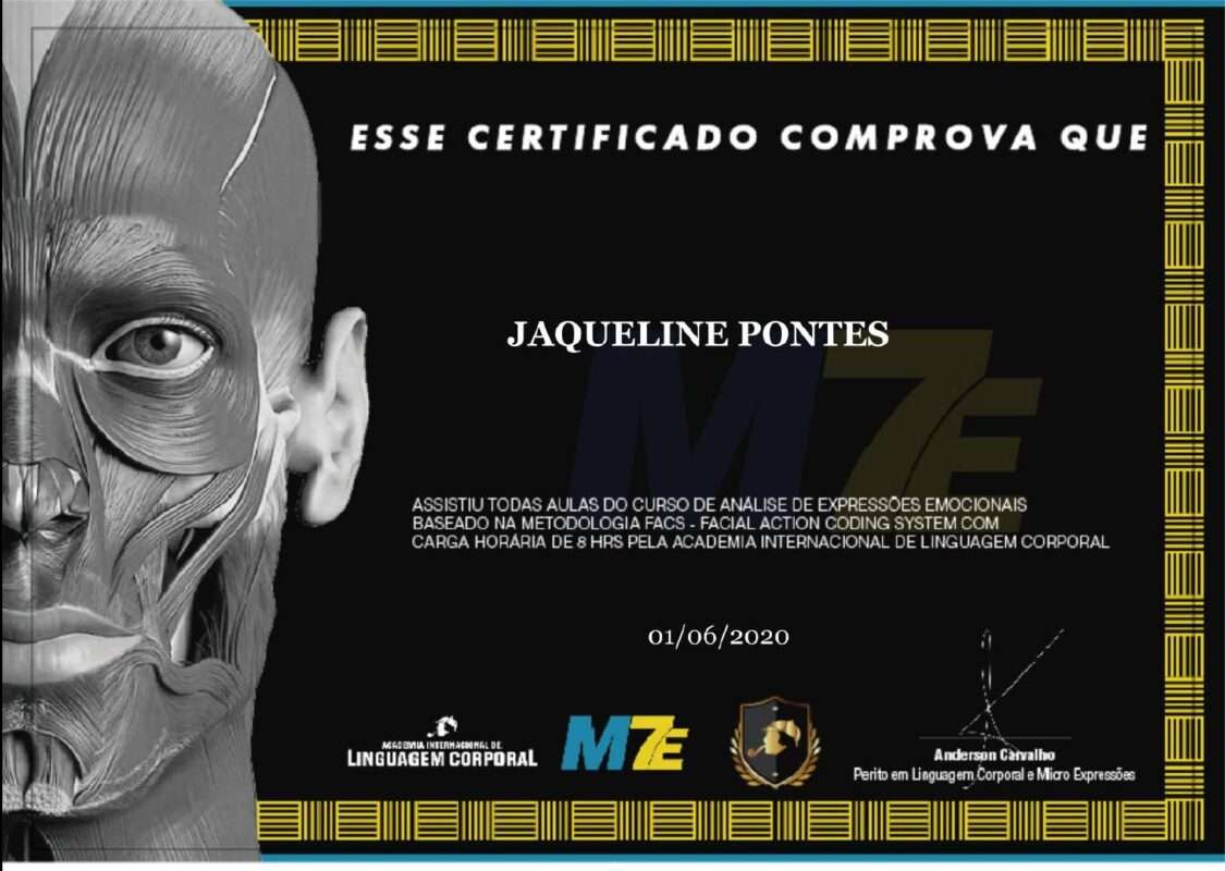 Certificado de curso de 8h de Análise de Expressões Emocionais - Metodologia FACS