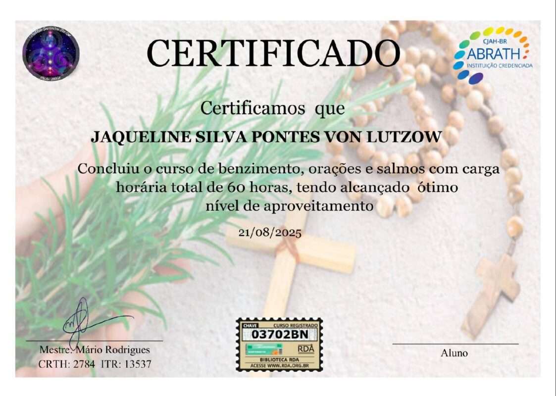 Certificado de curso de 60h de Benzimento, Orações e Salmos