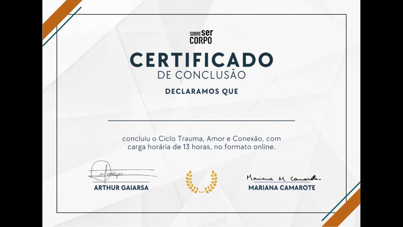 Certificado de curso de 13 h de Formação em Ciclo Trauma, Amor e conexão