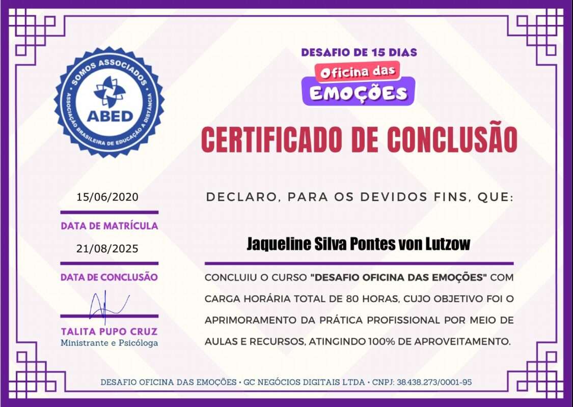 Certificado de curso de 80h de Desafio Oficina das Emoções