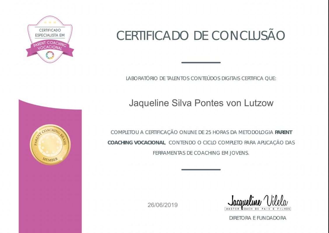 Certificado de curso de 25h de Metodologia Parent Coaching Vocacional
