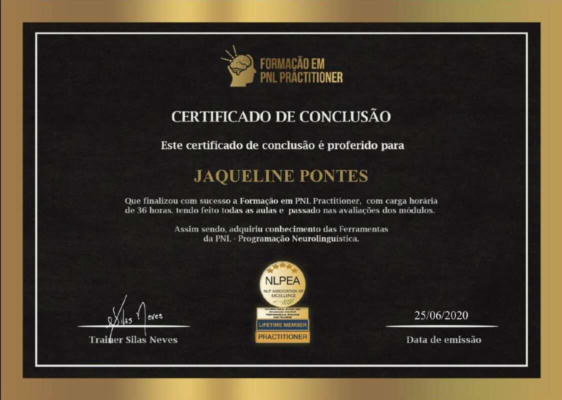 Certificado de curso de 36h de Formação em PNL Practitioner