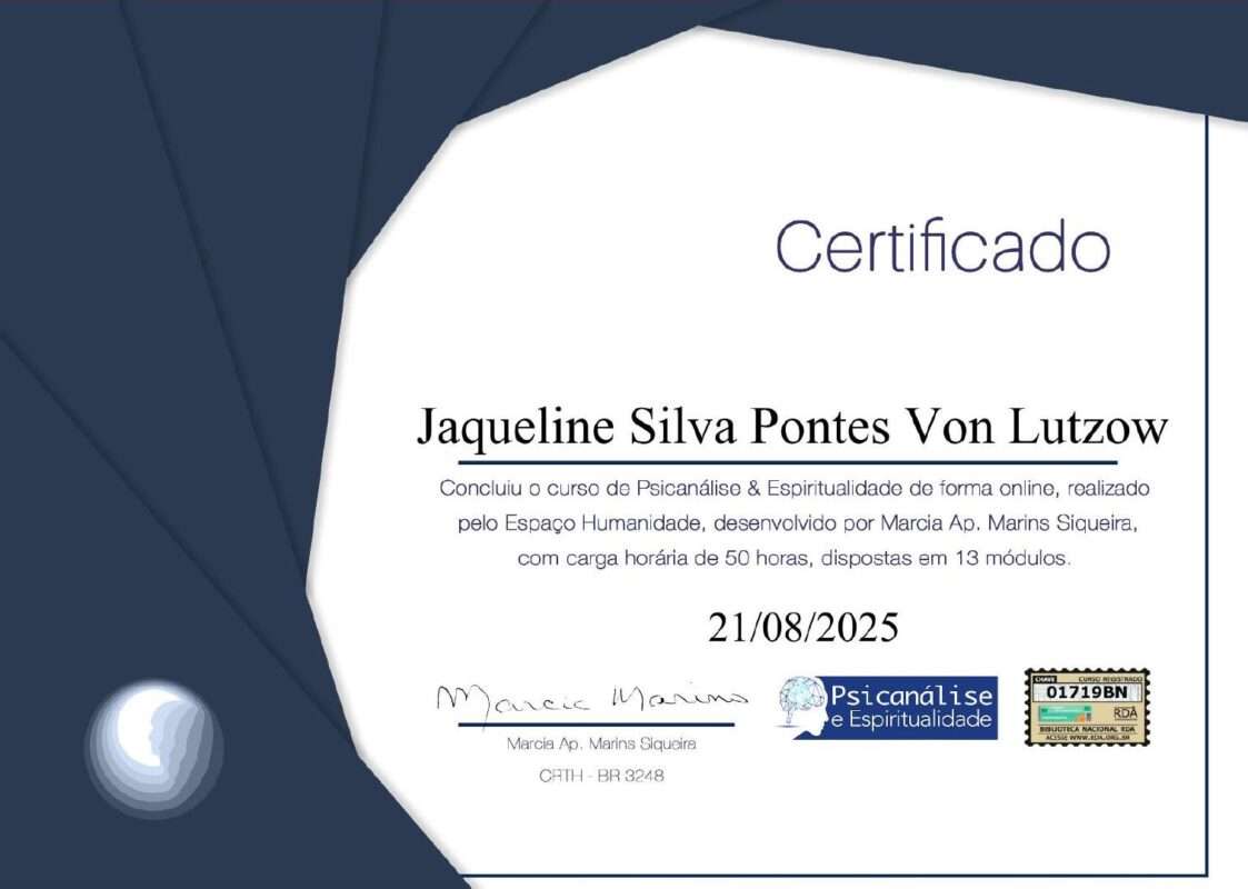 Certificado de curso de 50h de Psicanálise e Espiritualidade