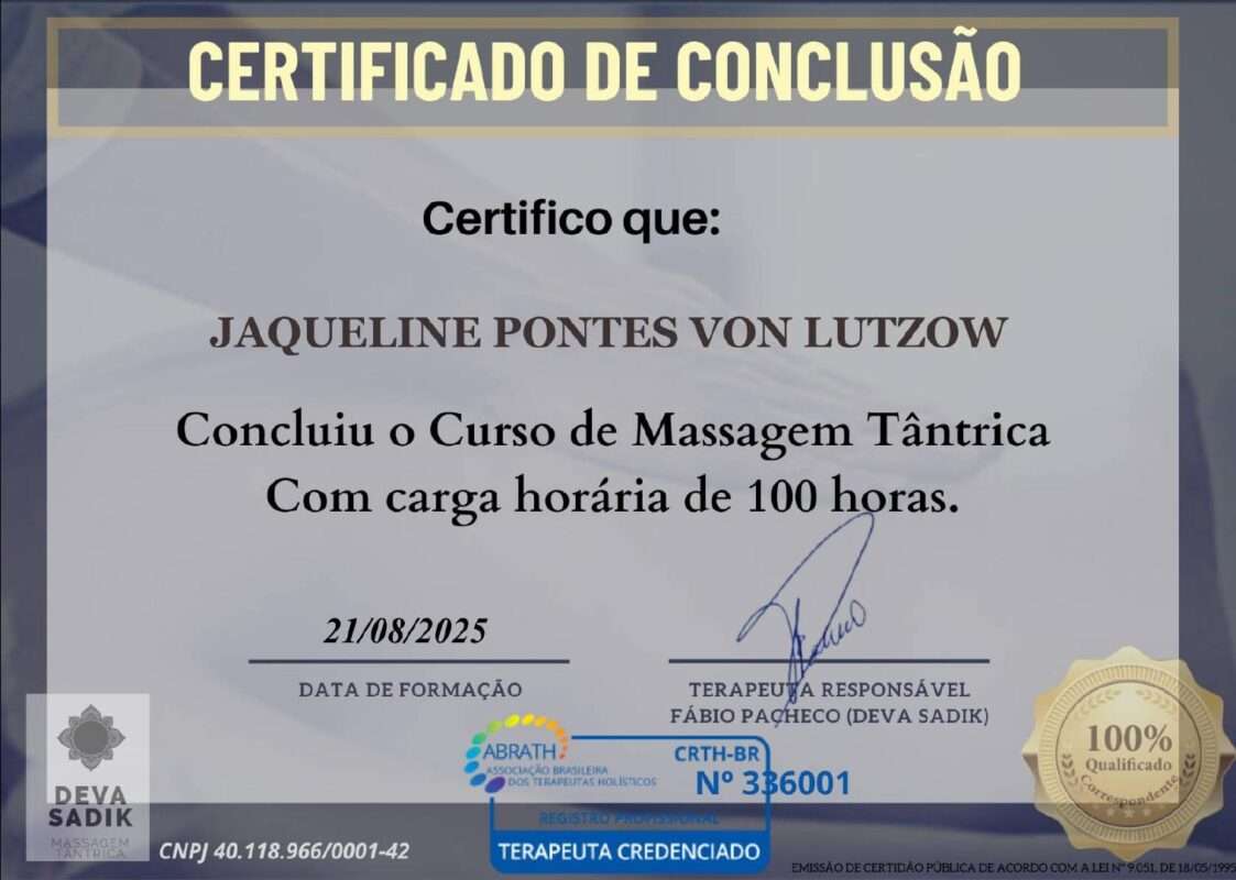 Certificado de curso de 100h de Massagem Tântrica