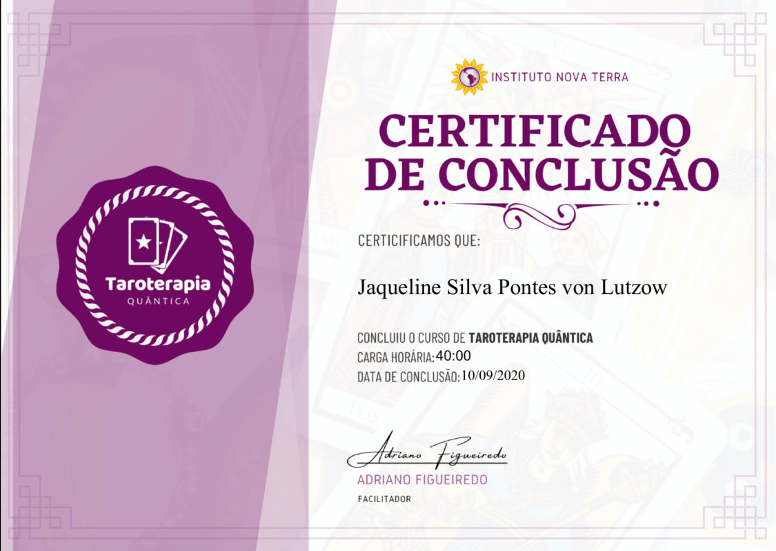Certificado de curso de 40h de Taroterapia Quântica