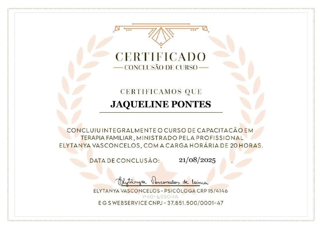 Certificado de curso de 20h de Capacitação em Terapia Familiar