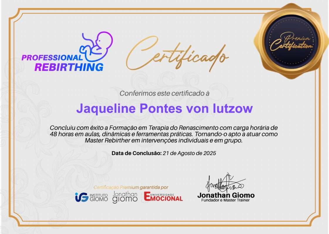 Certificado de curso de 48h de Formação em Terapia do Renascimento