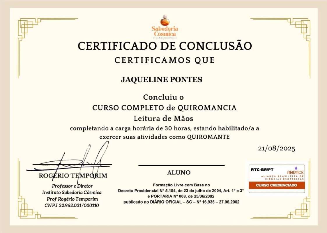 Certificado de curso de 30h de Quiromancia