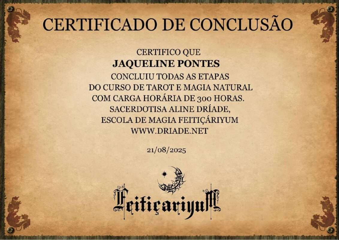 Certificado de curso de 300h de Tarot e Magia Natural