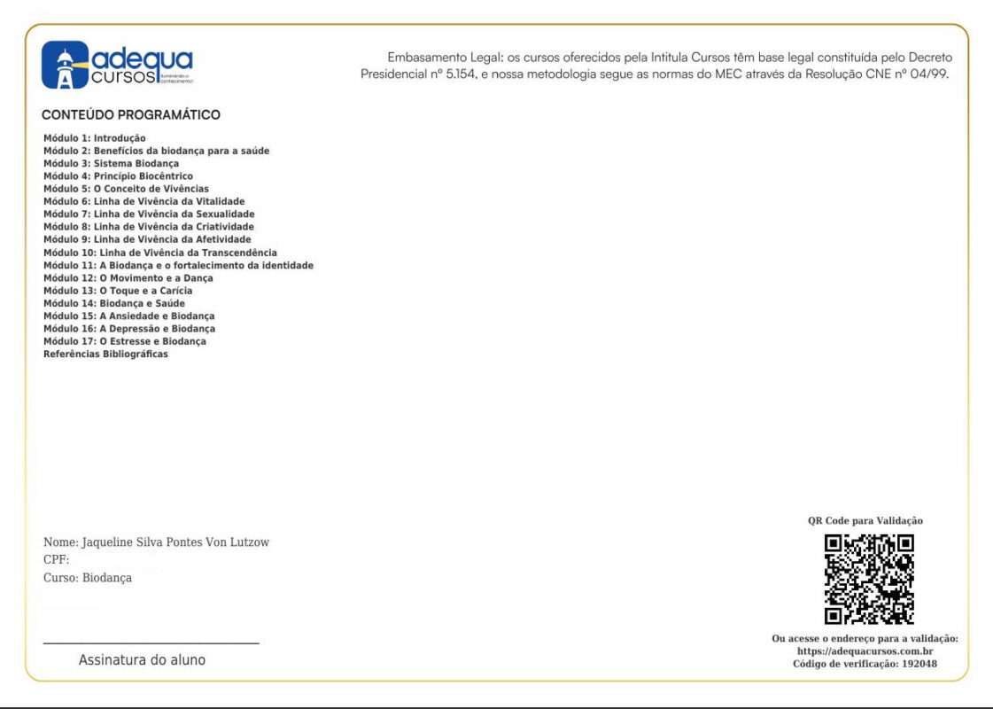 Verso do Certificado de curso de Biodança